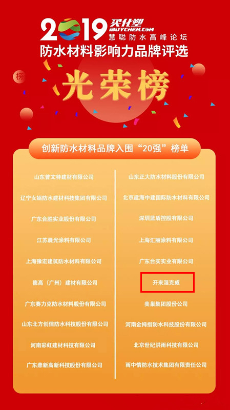 开来湿克威入围“2019防水材料影响力品牌”20强